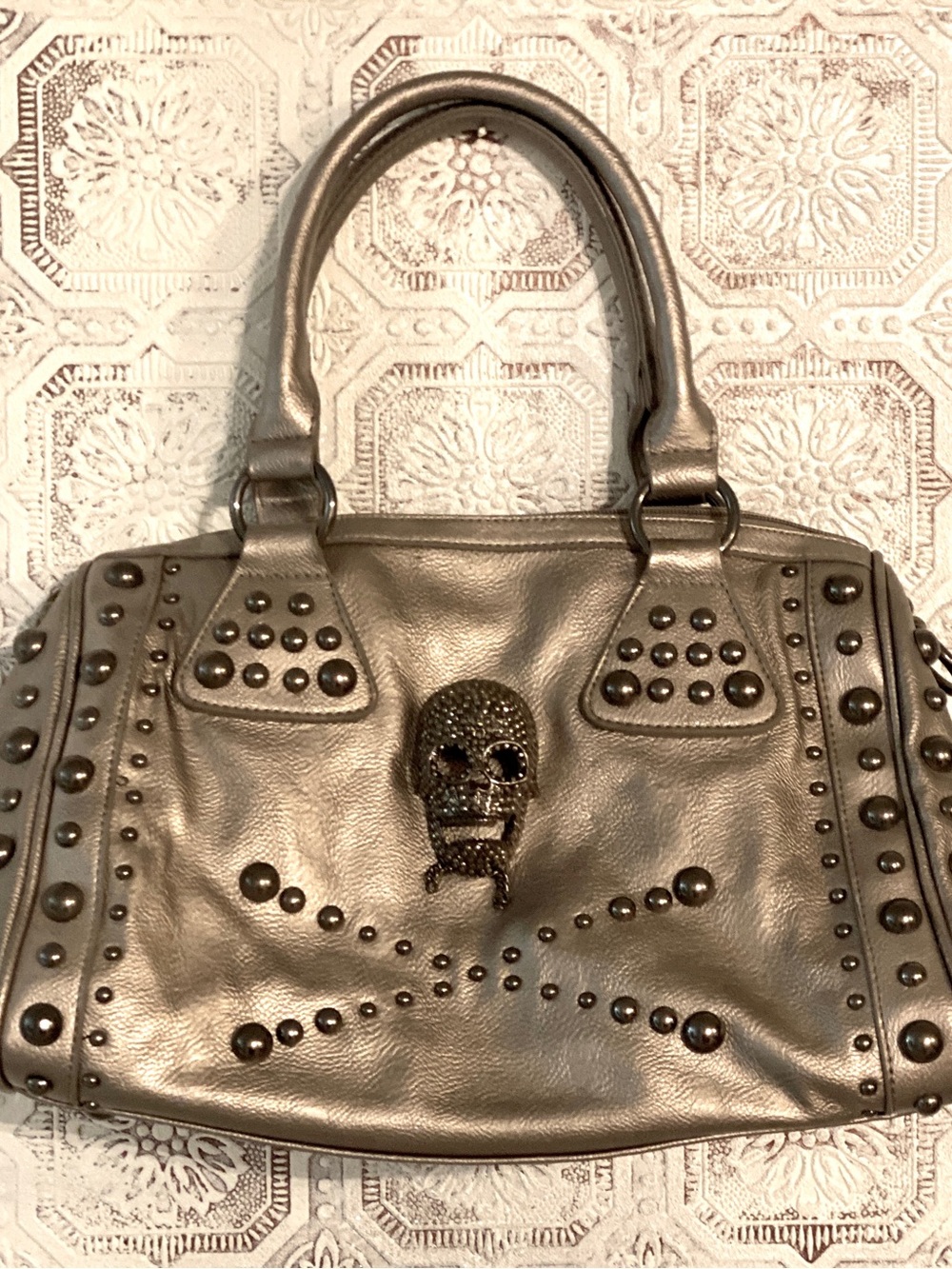 Metallic Pewter Studded Skull Satchel - Women Bags